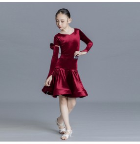 Girls kids wine royal blue silver ballroom latin dance dress children kids salsa chacha rumba dance costumes long sleeves for children